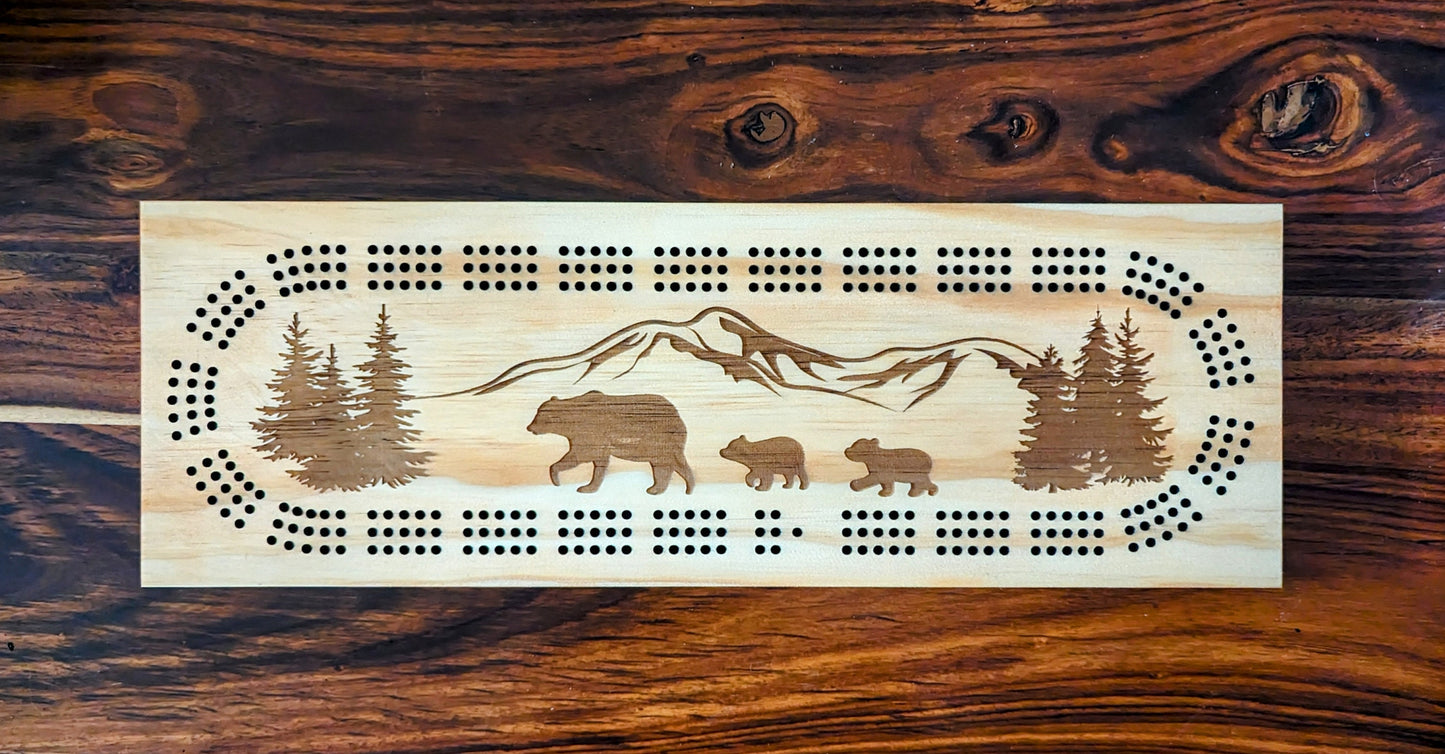 Bear 3 Track Cribbage Board - Laser engraved