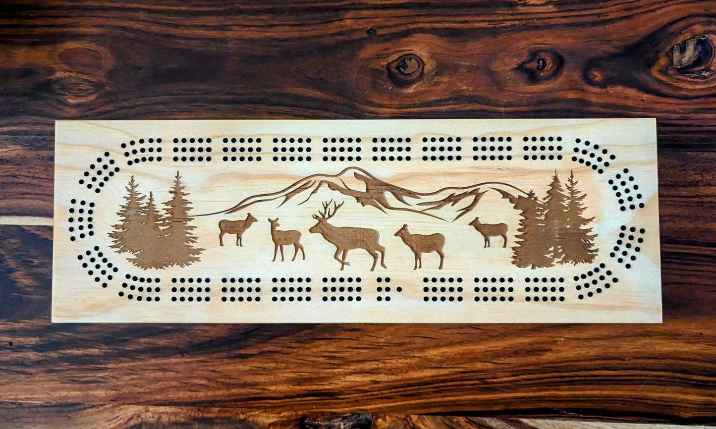 Elk 3 Track Cribbage Board - Laser engraved