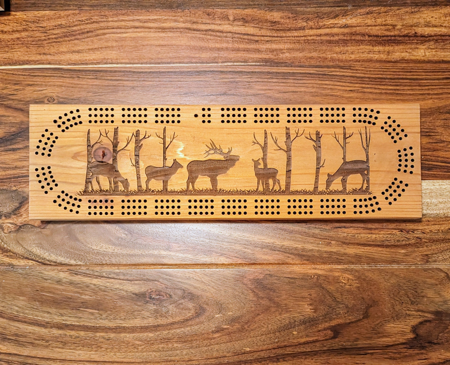 Elk in birch trees 3 Track Cribbage Board - Laser engraved