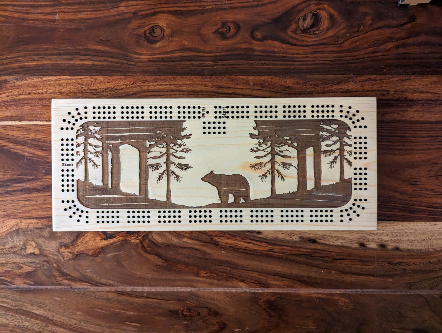 Bear in trees 3 Track Cribbage Board - Laser engraved