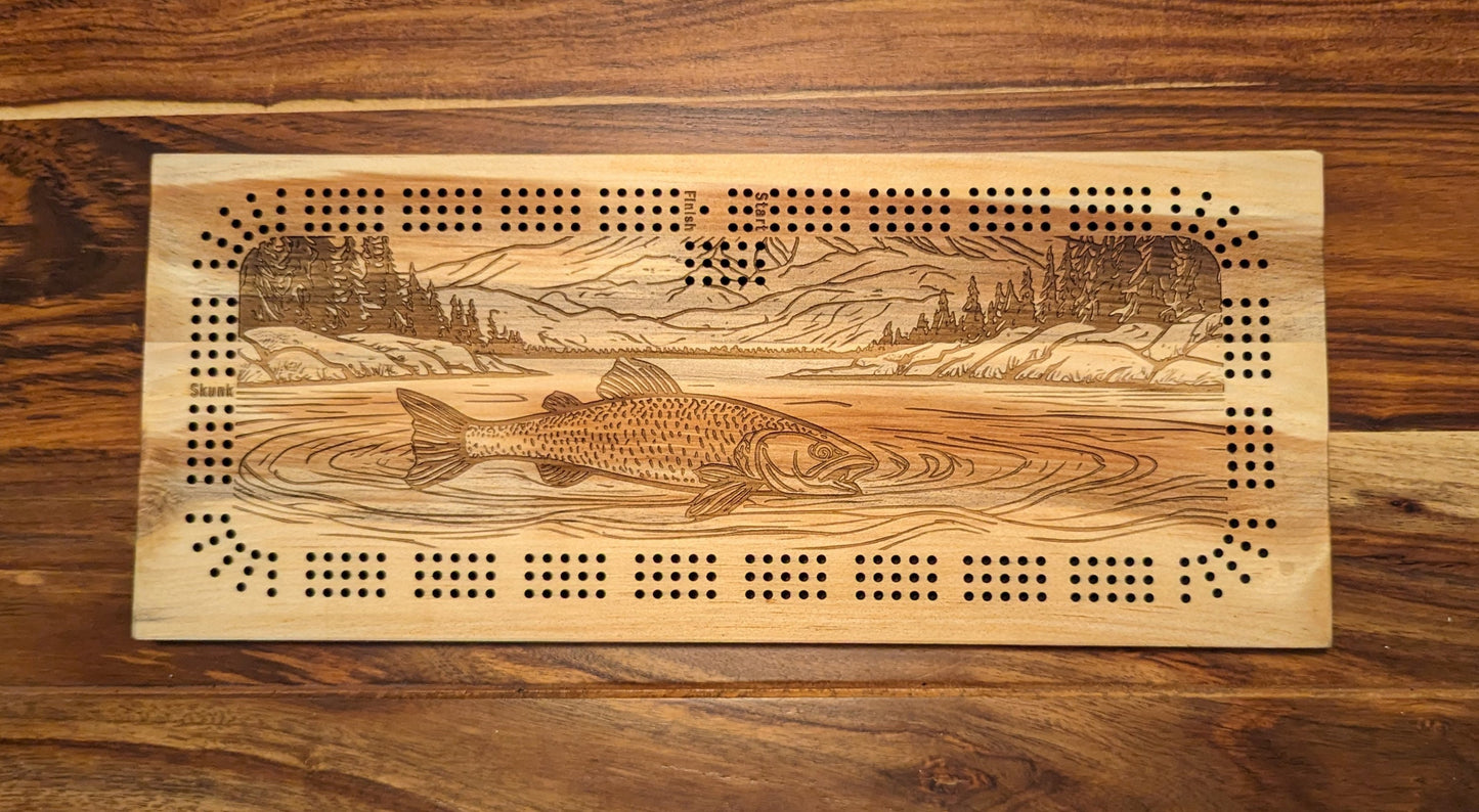 A Fish swimming in a river, 3 Track Cribbage Board - Laser engraved