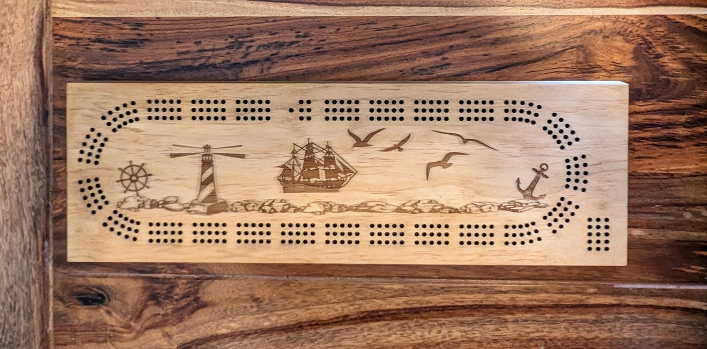 Nautical themed 3 Track Cribbage Board with a lighthouse and ship on the ocean - Laser engraved
