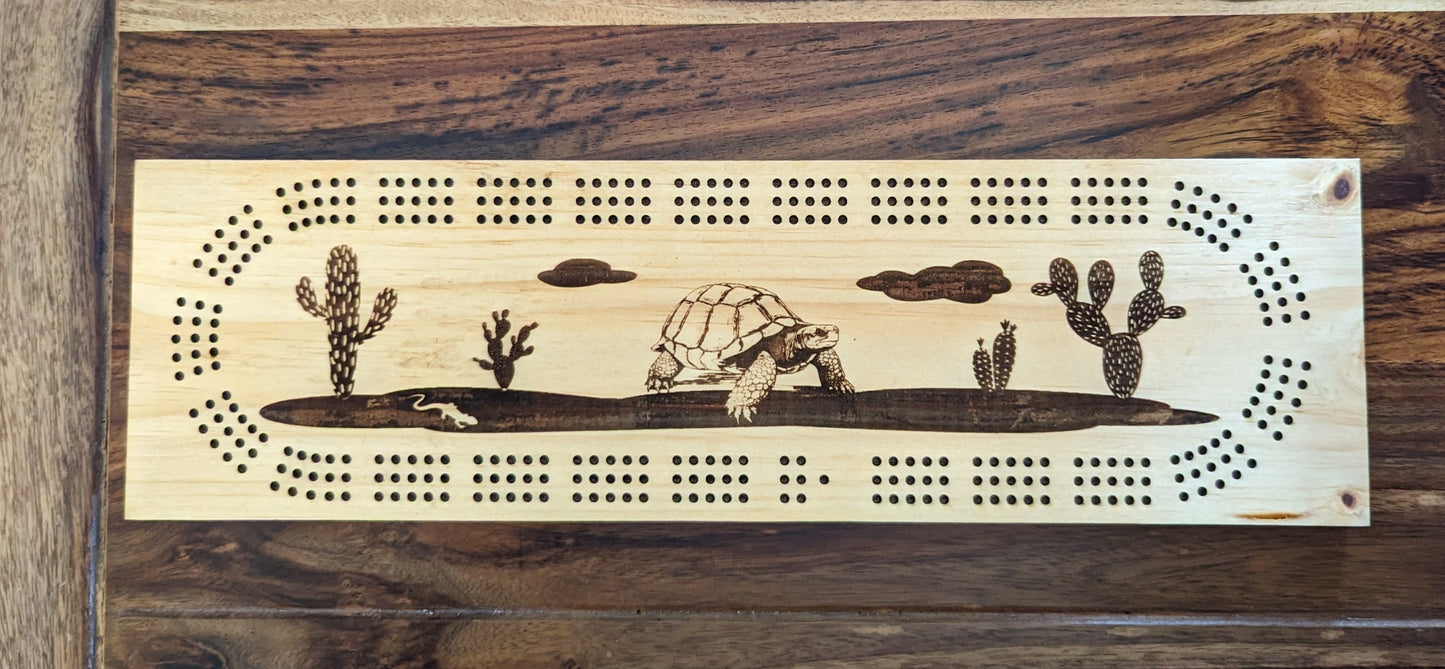 Desert tortoise with cactus, 3 Track Cribbage Board - Laser engraved