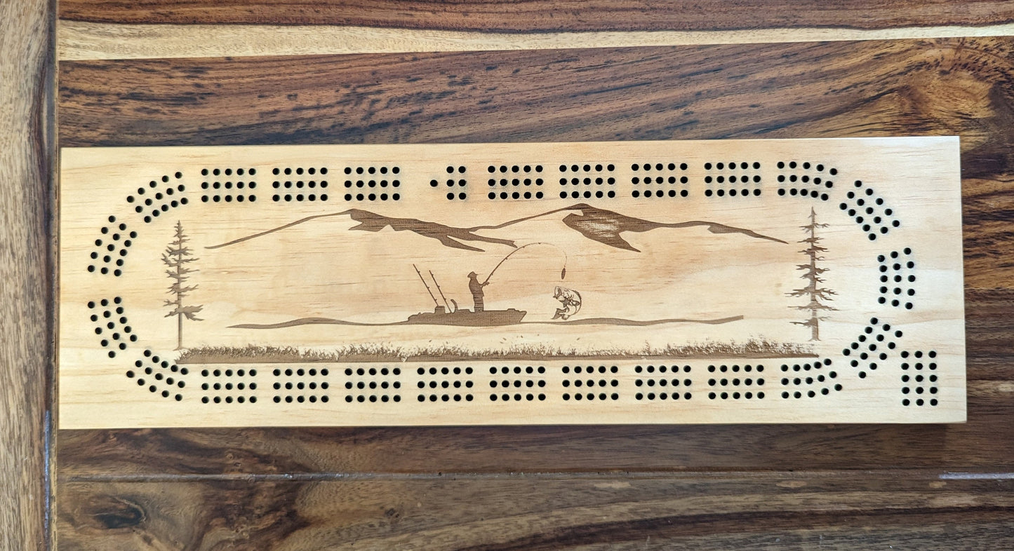 Kayaker fishing on a lake, 3 Track Cribbage Board - Laser engraved