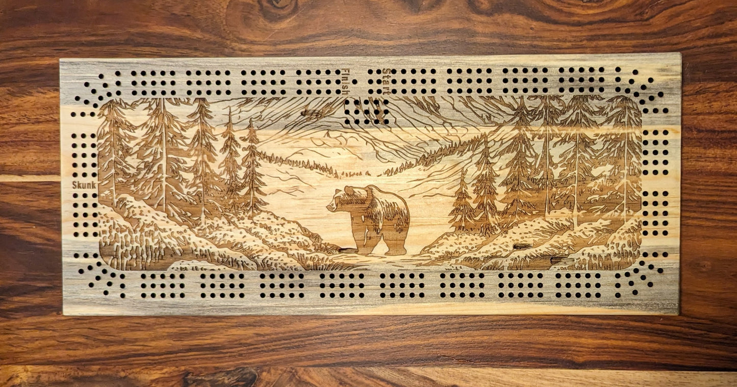 Bear walking through a valley with trees 3 Track Cribbage Board - Laser engraved
