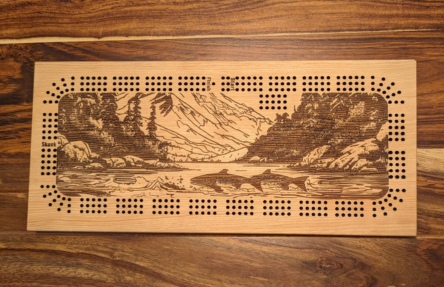 2 Fish swimming in a river, 3 Track Cribbage Board - Laser engraved