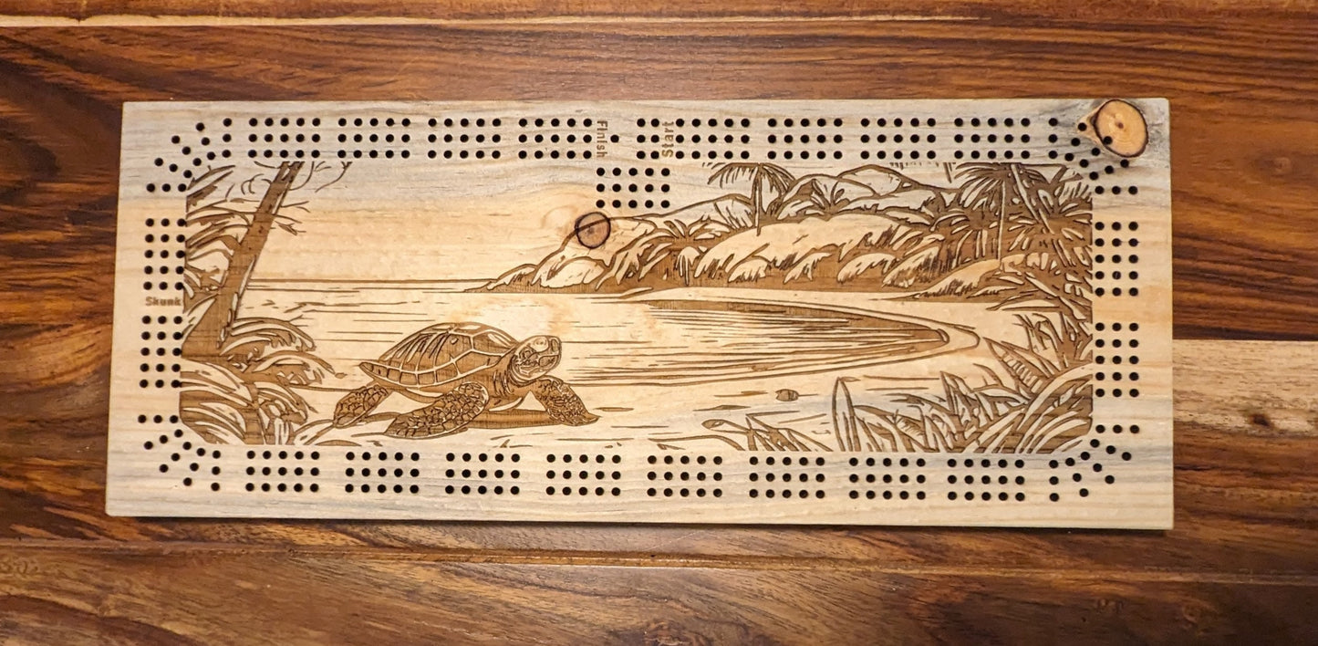 Turtle walking on a beach, 3 Track Cribbage Board - Laser engraved