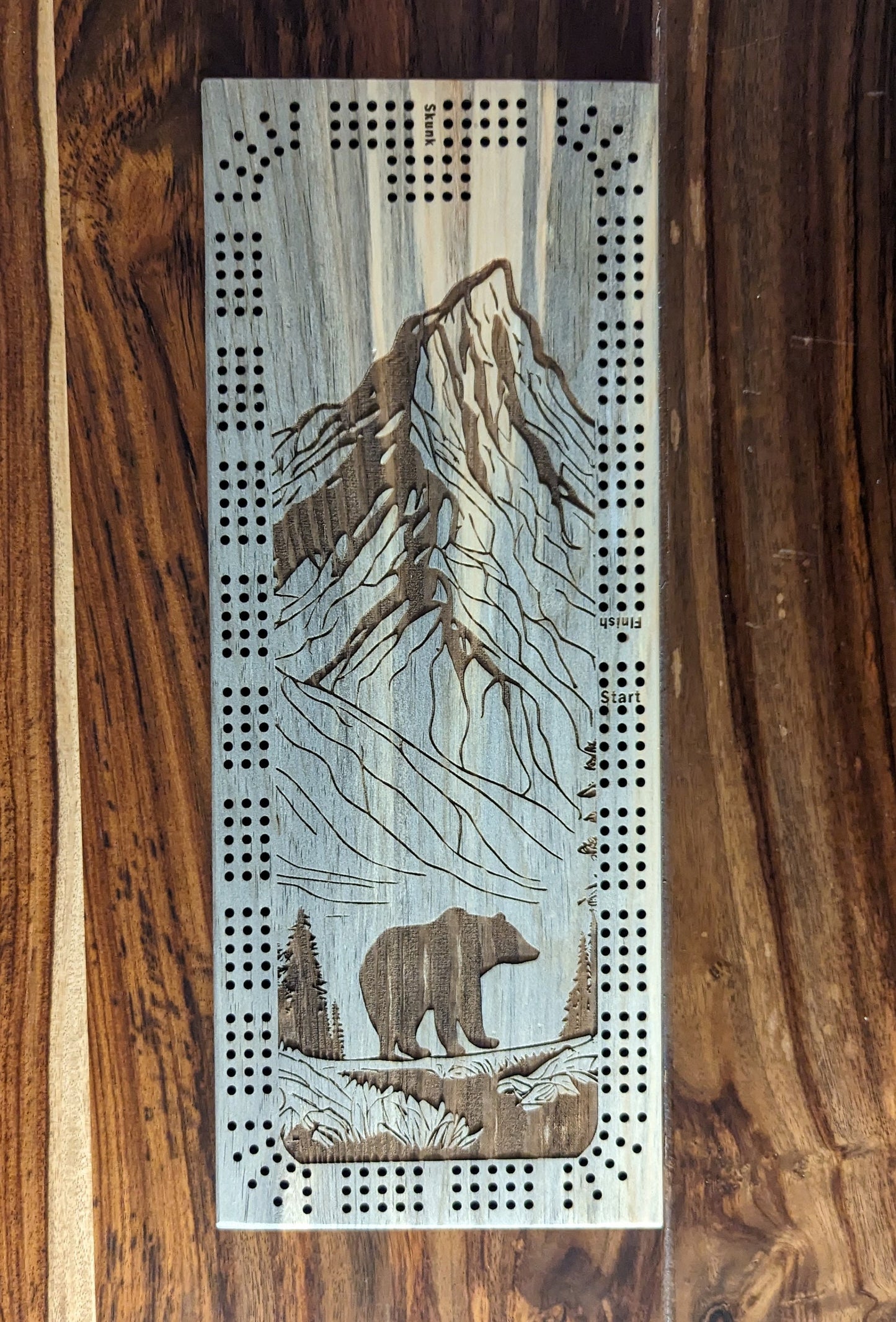 Bear walking through a valley, 3 Track Cribbage Board - Laser engraved