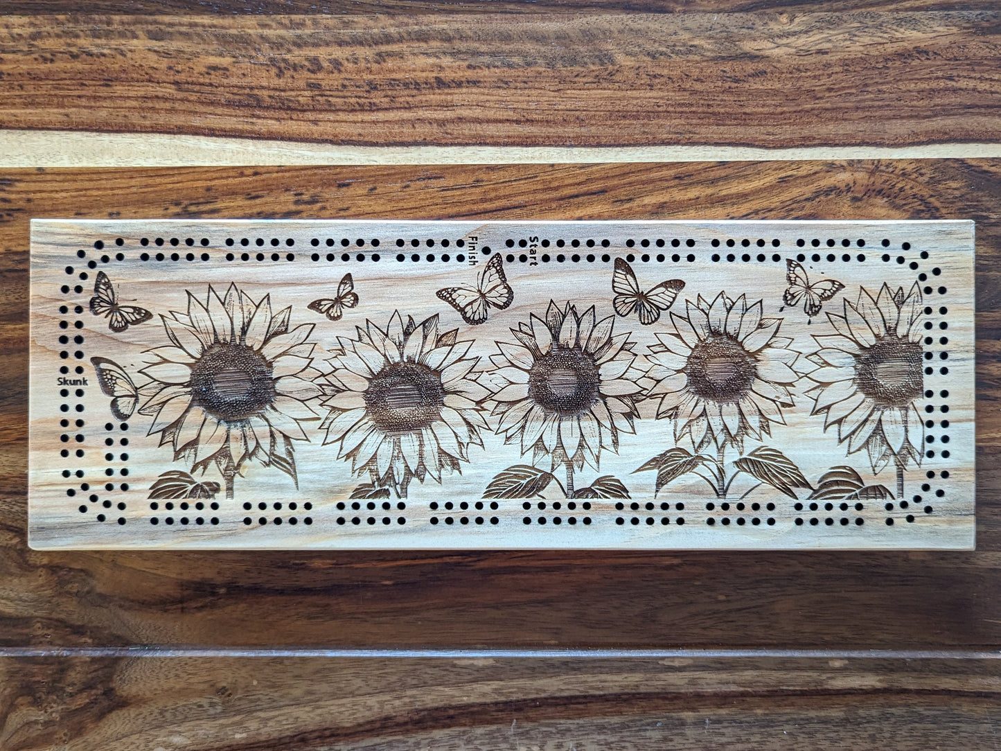 Sunflowers & Butterflies, 2 Track Cribbage Board - Laser engraved