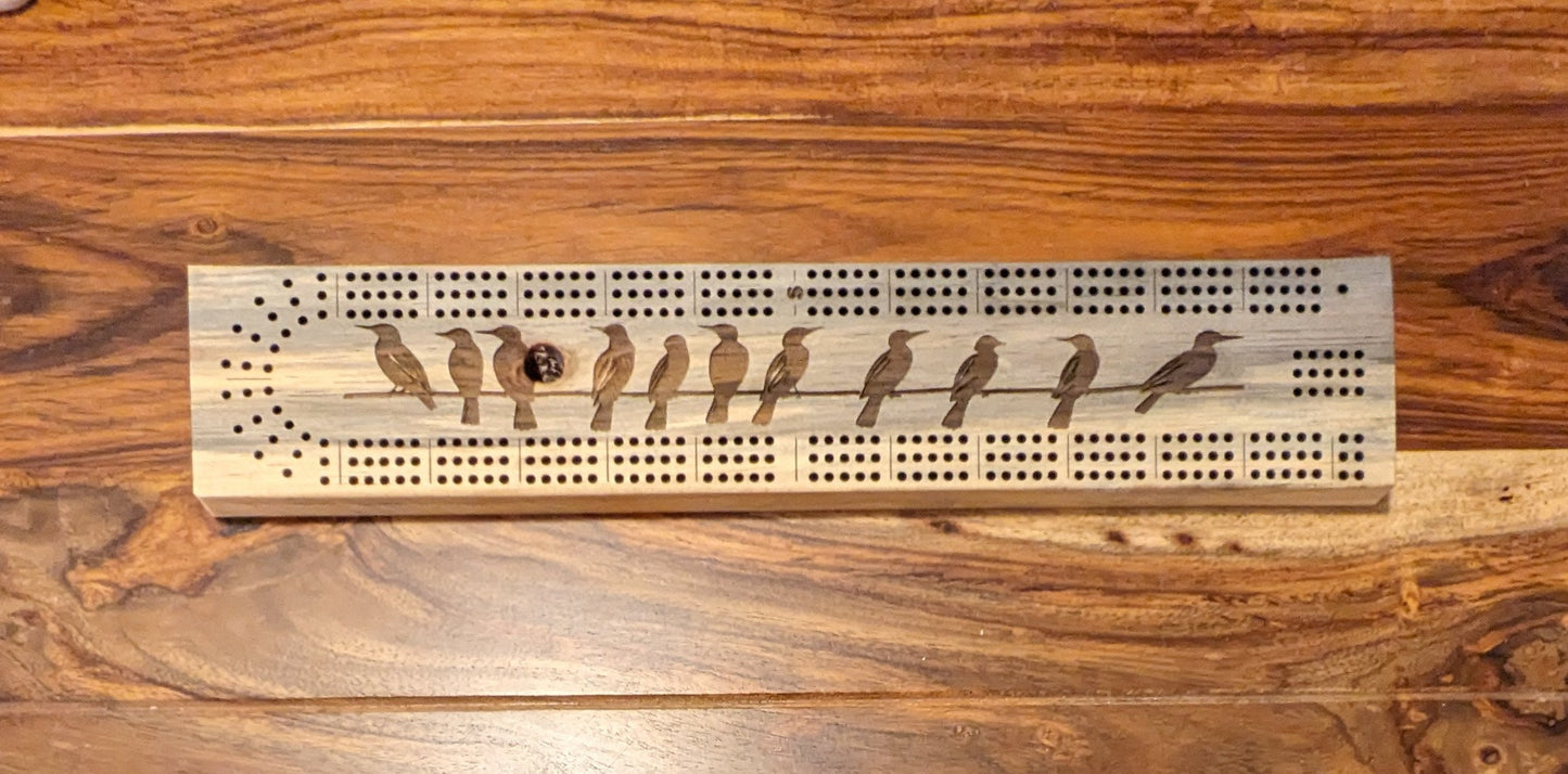 Birds on a wire 3 Track Cribbage Board - Laser engraved