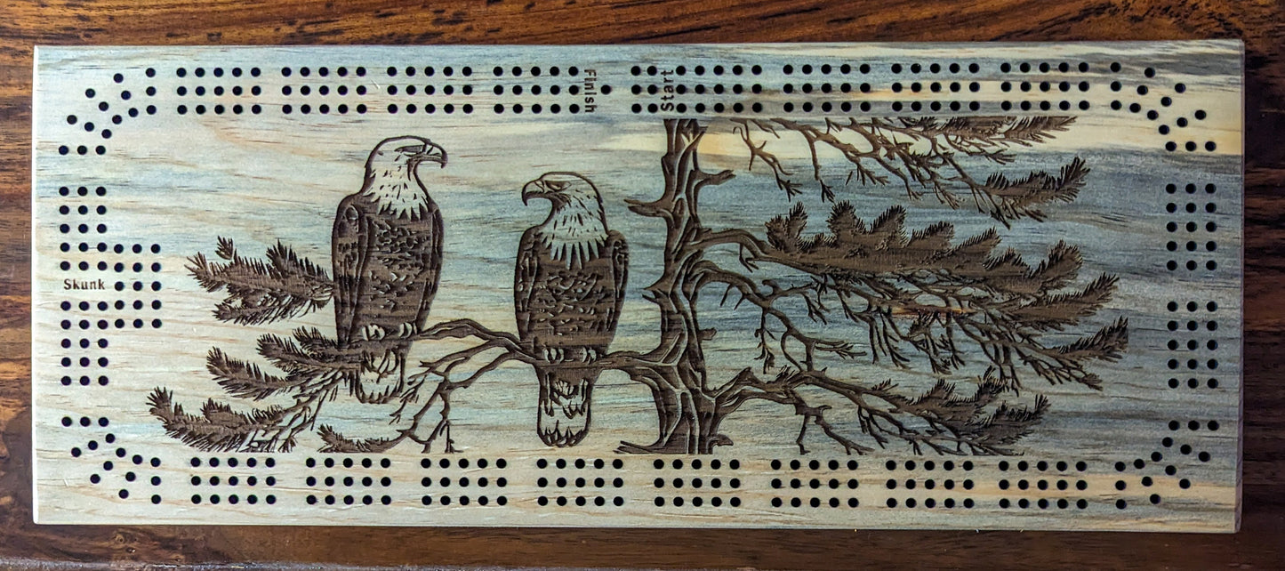2 Bald Eagles sitting on a branch, 3 Track Cribbage Board - Laser engraved