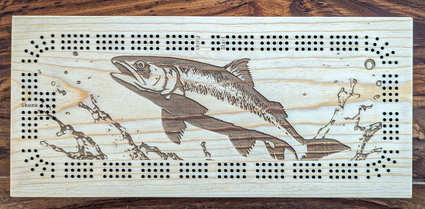 Fish jumping out of a river, 3 Track Cribbage Board - Laser engraved