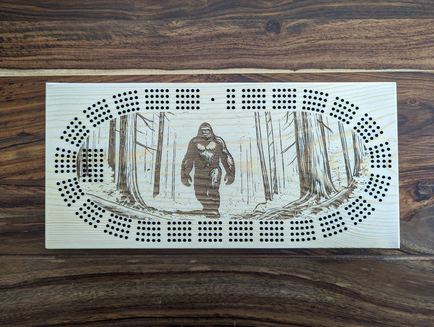 Bigfoot walking in the woods, 4 Track Cribbage Board - Laser engraved
