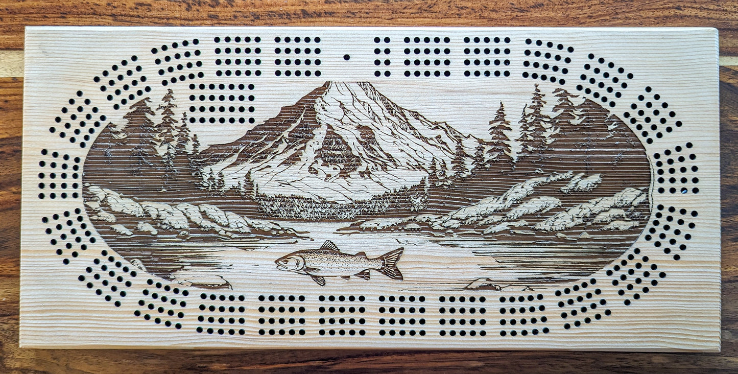 Fish in a river, 4 Track Cribbage Board - Laser engraved