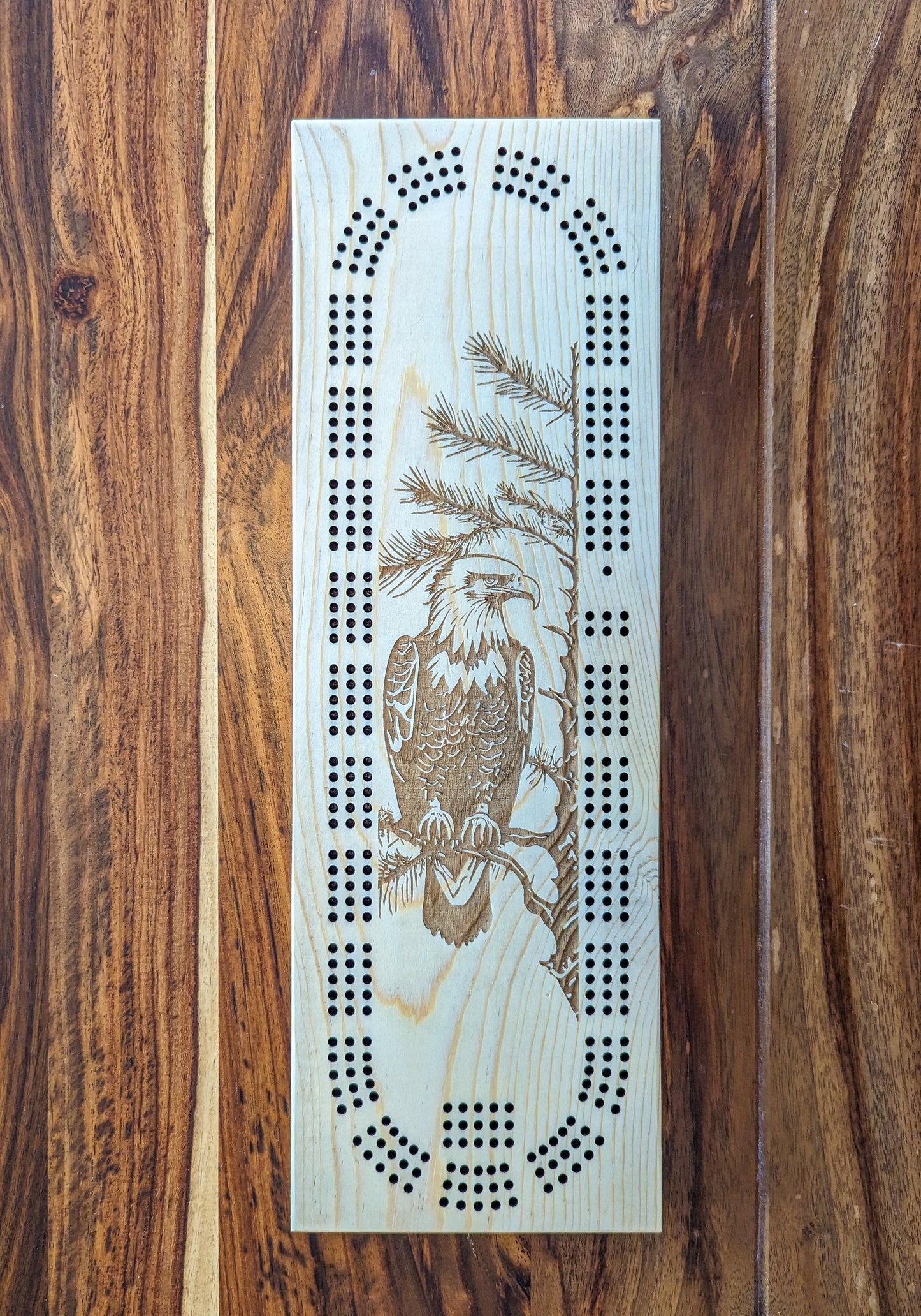 Bald Eagle on a Branch 3 Track Cribbage Board - Laser engraved