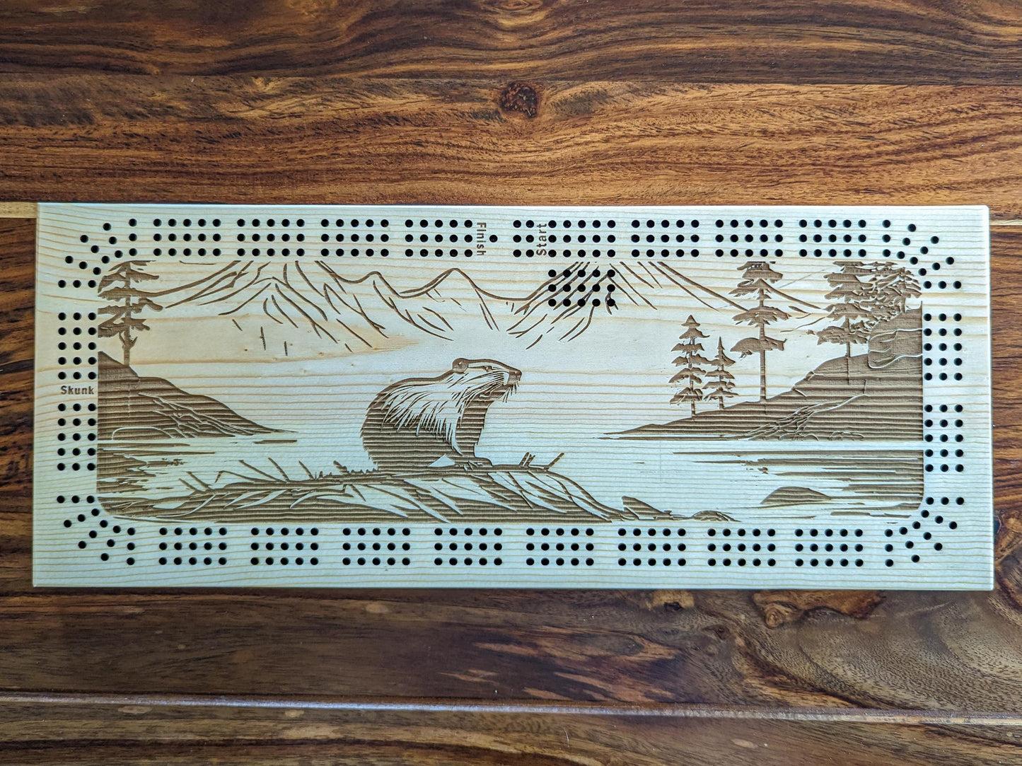 Beaver looking at a lake, 3 Track Cribbage Board - Laser engraved