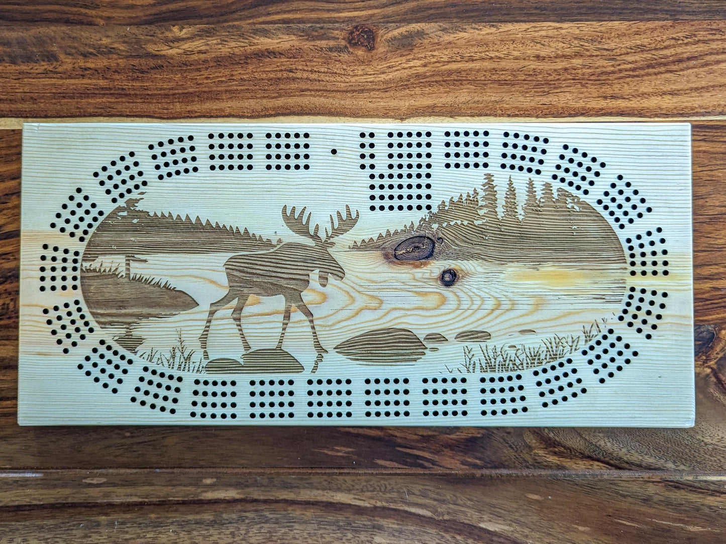 Moose walking in water, 4 Track Cribbage Board - Laser engraved
