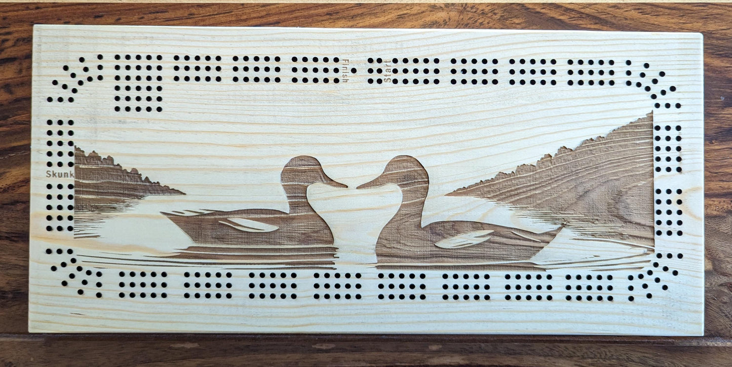 Ducks on a lake, 3 Track Cribbage Board - Laser engraved