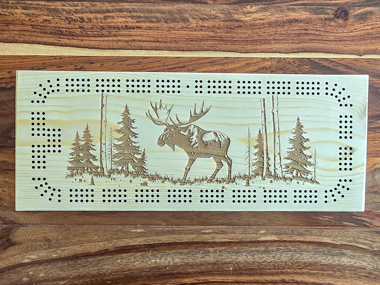Moose walking in trees, 3 Track Cribbage Board - Laser engraved