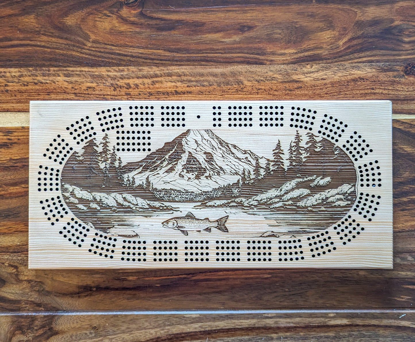 Fish in a river, 4 Track Cribbage Board - Laser engraved